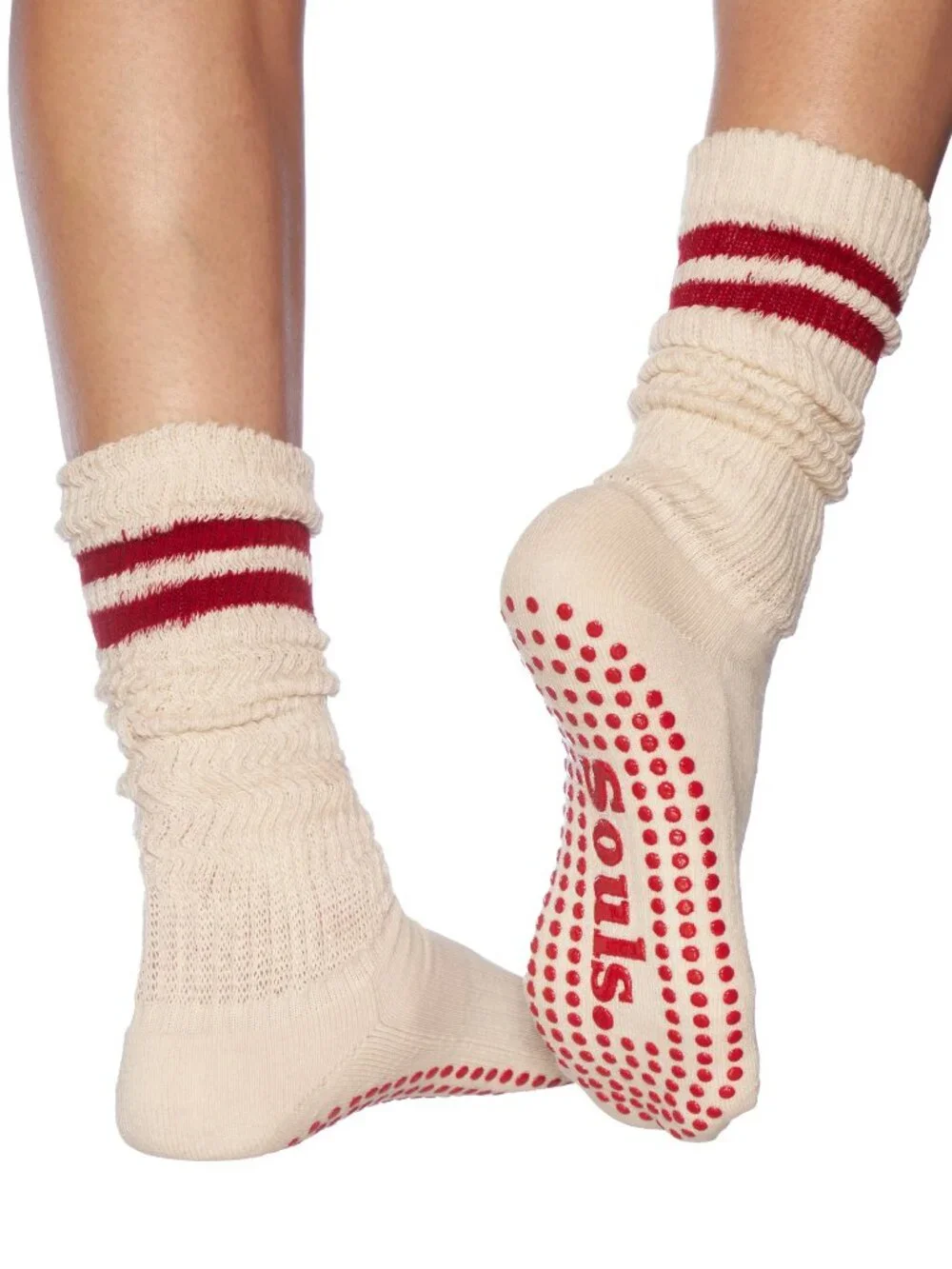 Souls LA Cloud Crew Grip Socks - cream with red stripe, sz S/M